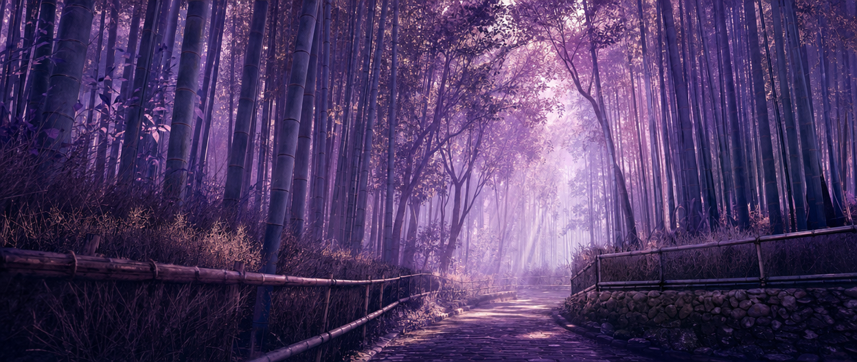 A tall, sunlit bamboo grove path in Arashiyama, Kyoto