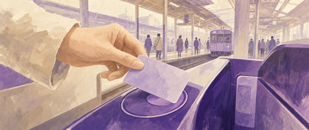 Illustration of a hand tapping an IC transit card against a purple train ticket gate reader