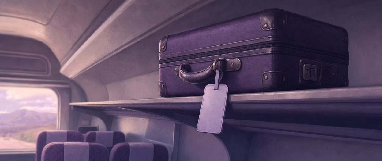 Illustration of a purple suitcase resting on an overhead luggage rack inside a train carriage