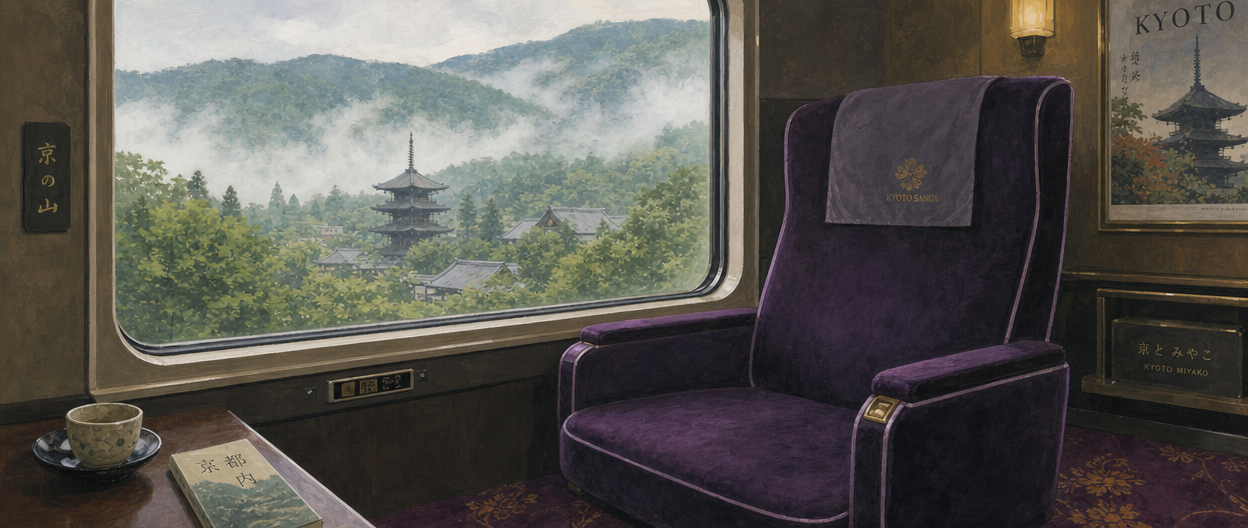 Illustration of a wide reserved train seat in purple velvet with a view of misty Kyoto hills