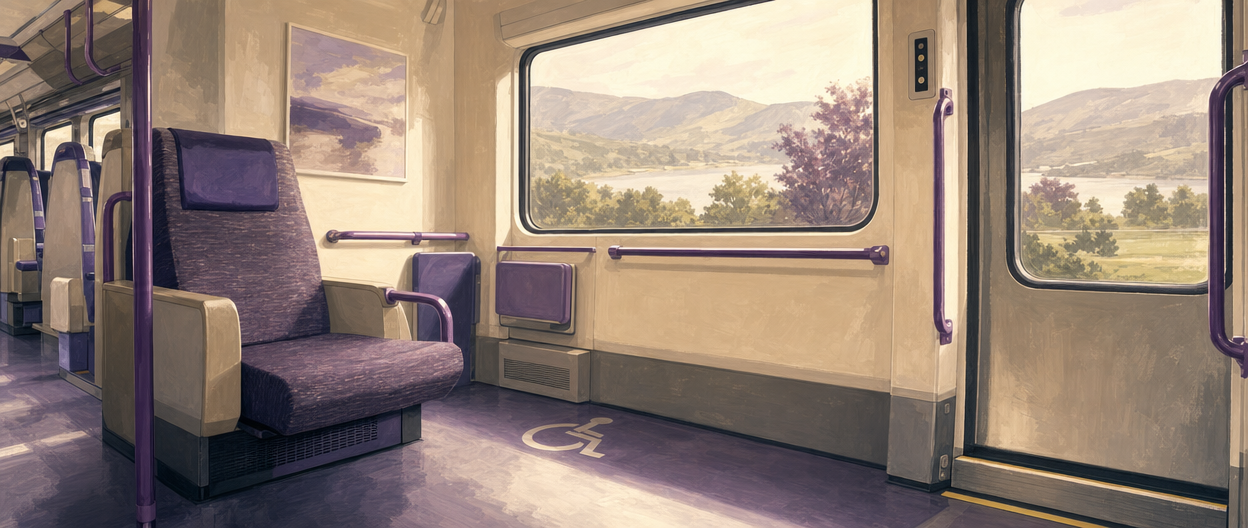 Illustration of a wide accessible train seat near the door with a purple priority-seating armrest