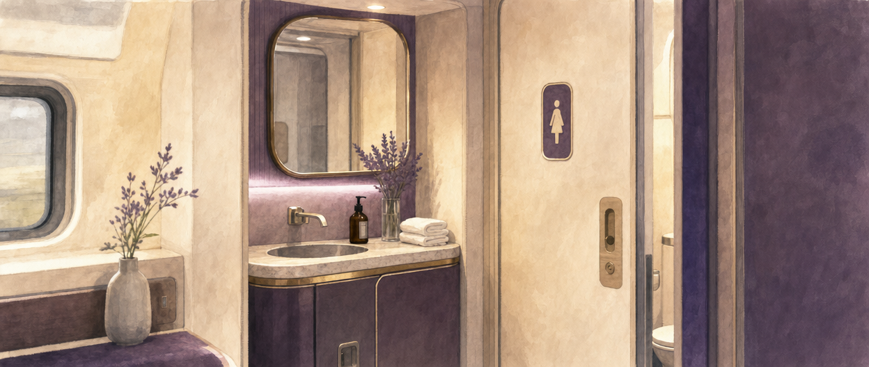 Illustration of a tidy modern train restroom nook with soft lilac accent lighting
