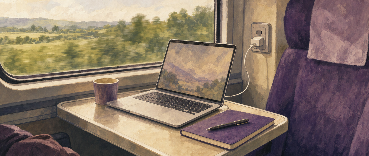 Illustration of a laptop and power outlet at a train window seat with countryside passing outside
