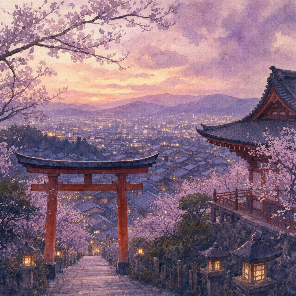 Illustration of Kyoto's vermilion torii gates and temple rooftops on a hillside at dusk