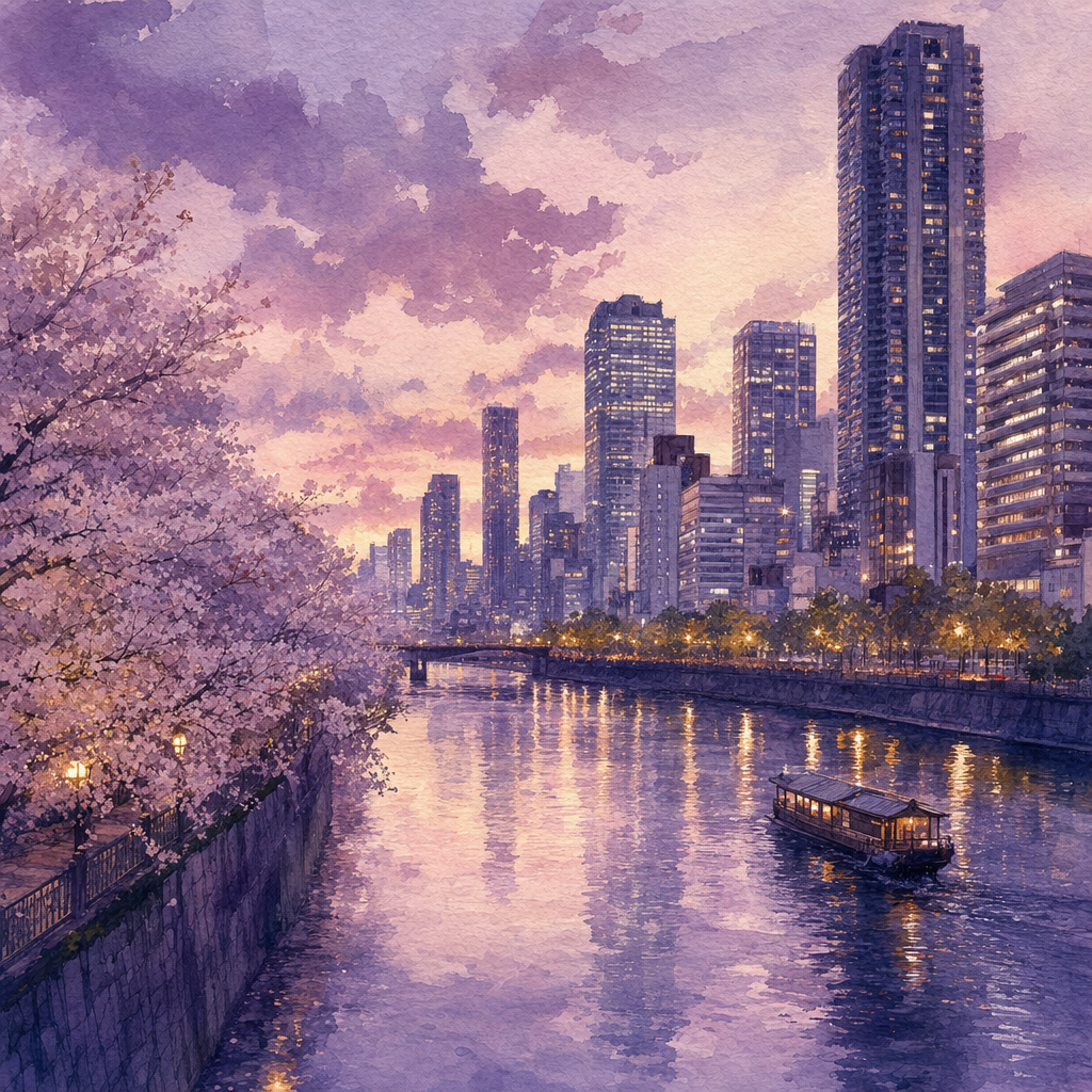 Illustration of Osaka's neon-lit canal skyline at dusk