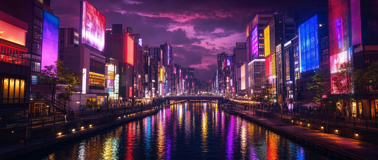 Neon signs reflected on the water of Osaka's Dotonbori canal at night