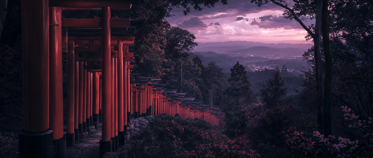 A tunnel of thousands of vermilion torii gates climbing a forested hillside at Fushimi Inari Taisha