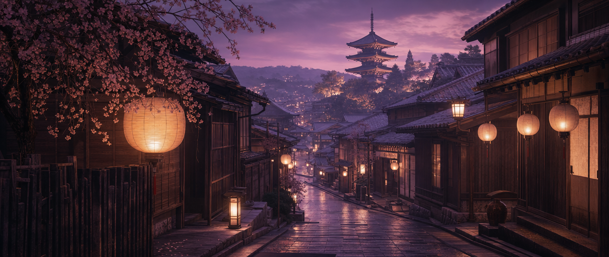 A traditional lantern-lit wooden street in Kyoto's Gion district with a pagoda on the hillside behind