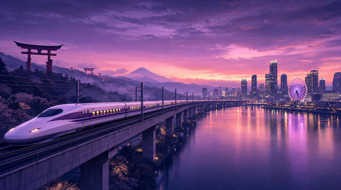 A Shinkansen bullet train speeding along an elevated viaduct between vermilion torii gates and a glowing Osaka skyline at dusk