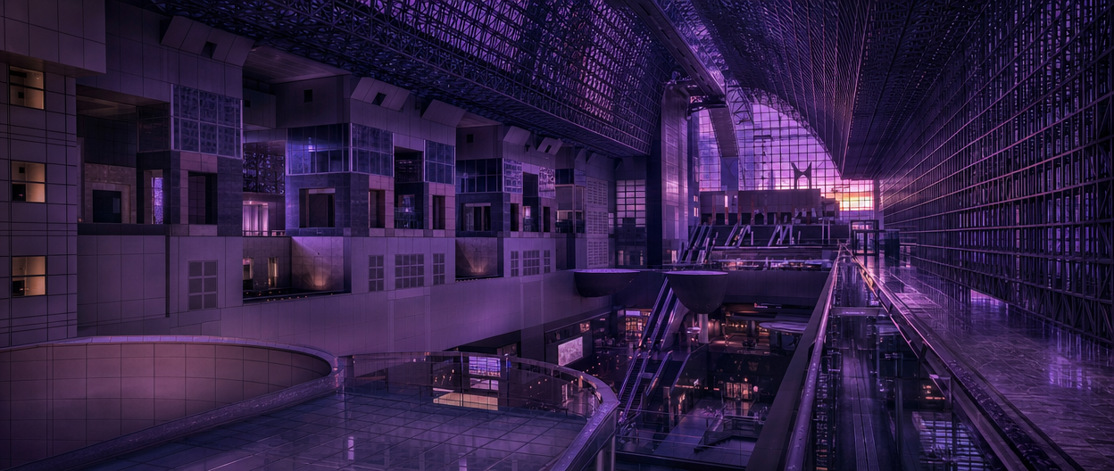 The modern glass-and-steel atrium facade inside Kyoto Station