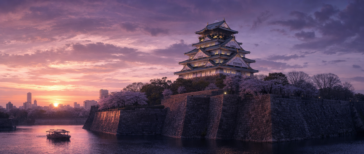 Osaka Castle's white-and-gold main tower behind its stone-walled moat