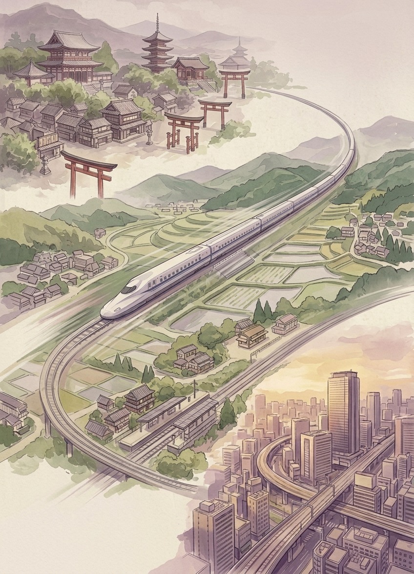 An illustrated aerial view of the Shinkansen route curving from Kyoto's temples and torii gates through the countryside into the Osaka skyline